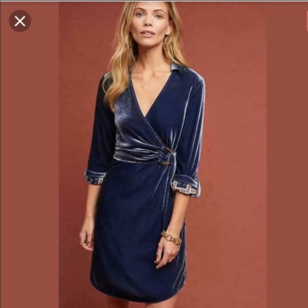 Maeve Anthro Navy  Blue Velvet Wrap Shirt Dress - Long Sleeve Boho Sz 6
